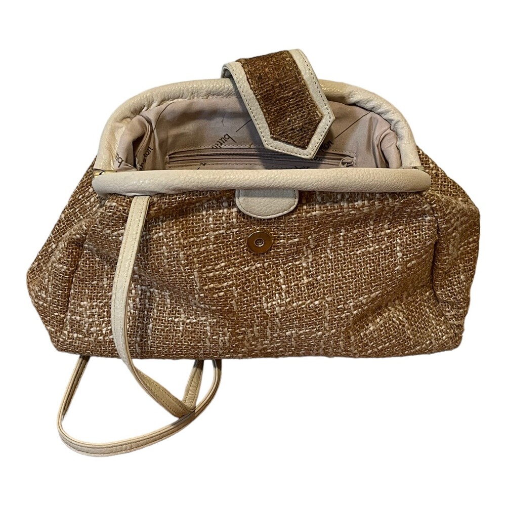 VTG 80s Burlington Woven Burlap Hemp Cotton Lined Hand Bag Purse Boho Natural